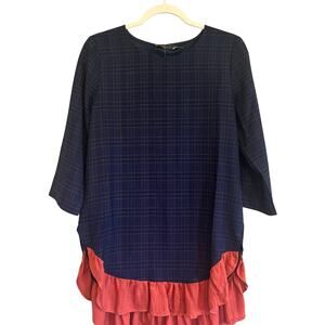 THML 3/4 Sleeve Blouse Blue Plaid Orange Ruffle Business Casual Women's S NWT